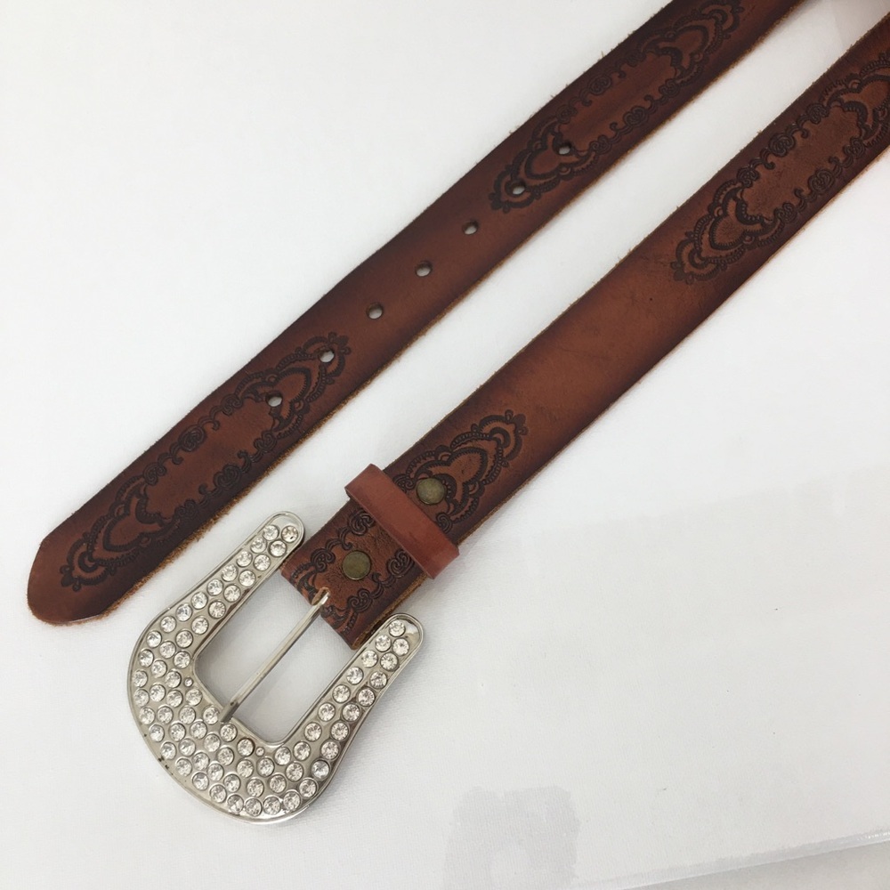 Leather Island by Bill Lavin Brown Tooled Leather Western Belt Women’s Size 30 - Picture 3 of 10